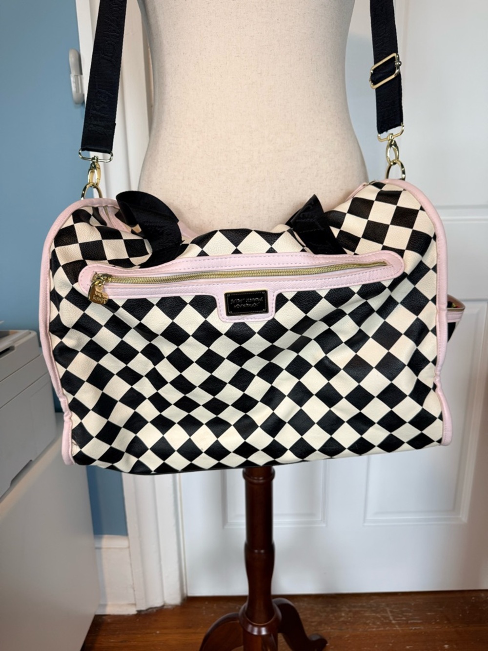 Betsey Johnson Checkerboard Tote Bag with Pink Trim